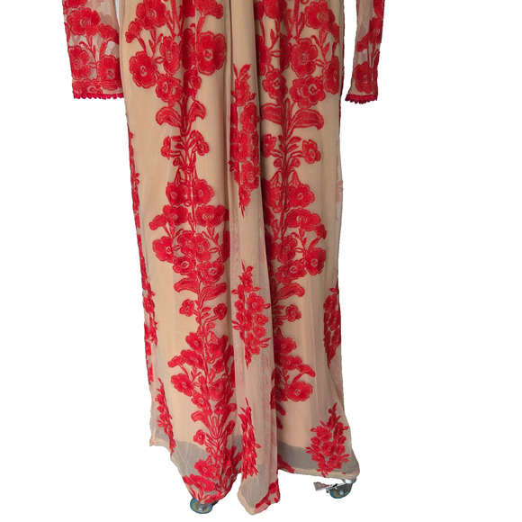 For Love & Lemons Temecula Maxi Dress Size S Red Embroidered Mesh Deep V Neck - Picture 5 of 9